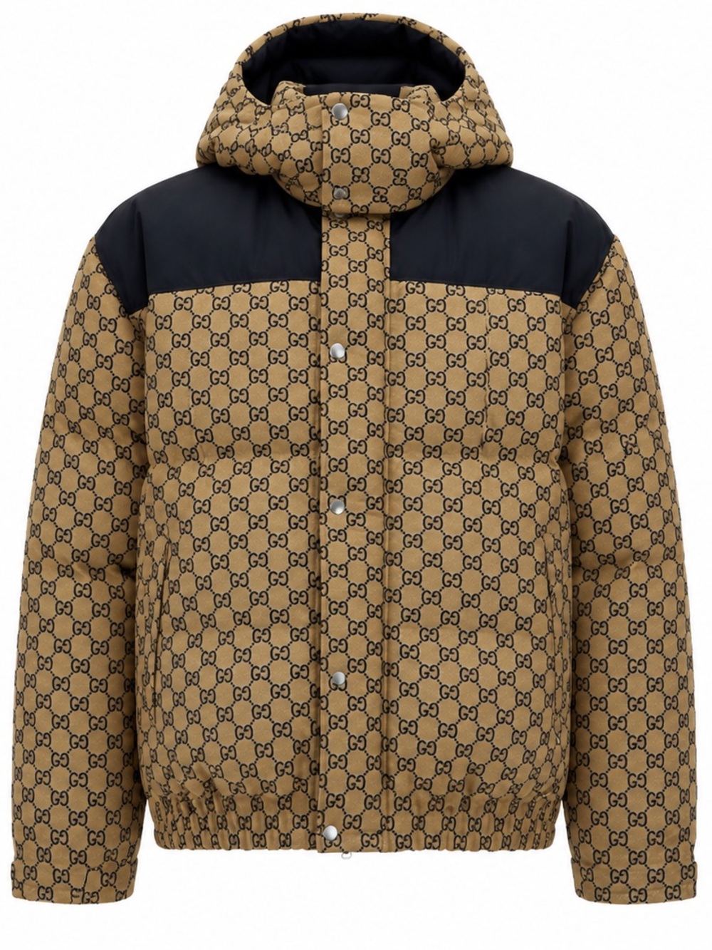 Gucci Brown GG Monogram Hooded Puffer Jacket with Black Yoke